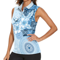 Hawaii Tapa Pattern With Blue Hibiscus Women Sleeveless Polo Shirt LT05 - Polynesian Pride