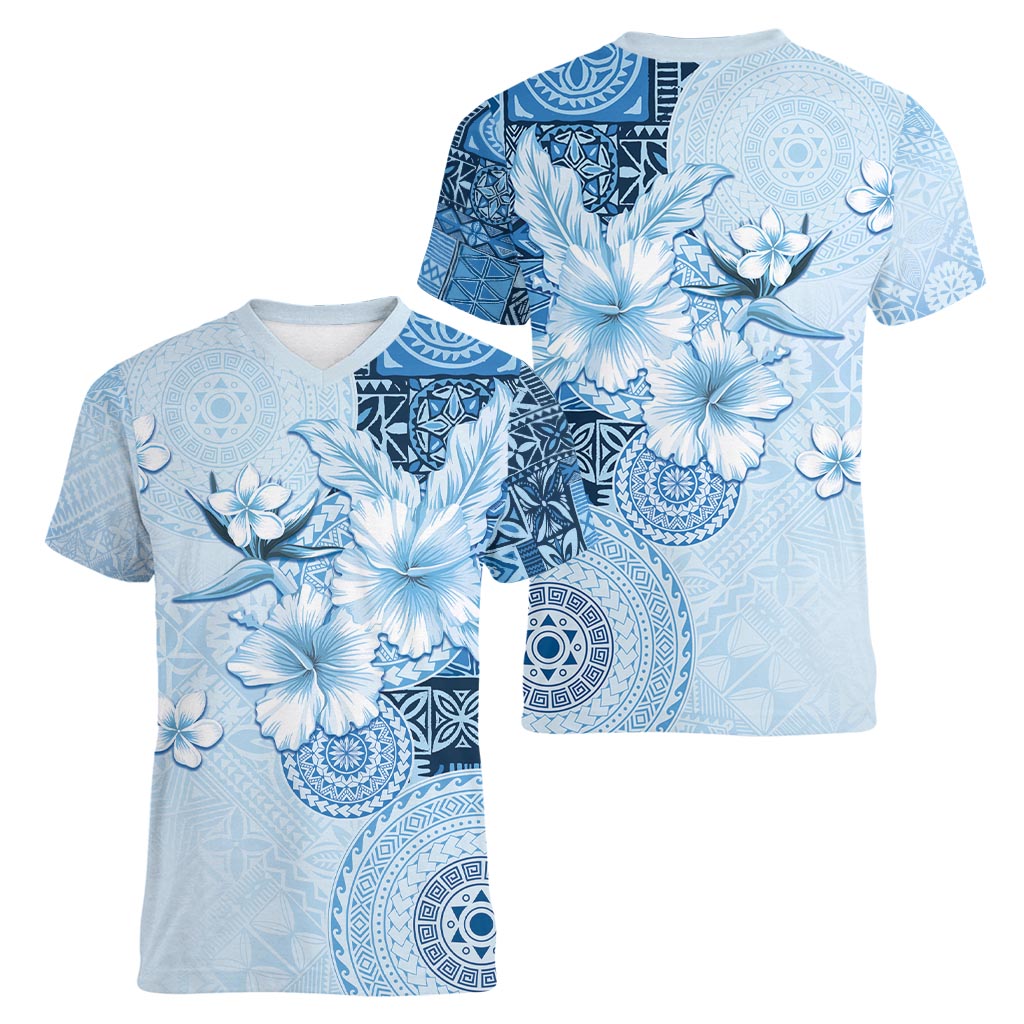 Hawaii Tapa Pattern With Blue Hibiscus Women V-Neck T-Shirt LT05 - Polynesian Pride
