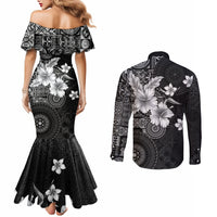 Hawaii Tapa Pattern With Black Hibiscus Couples Matching Mermaid Dress and Long Sleeve Button Shirt