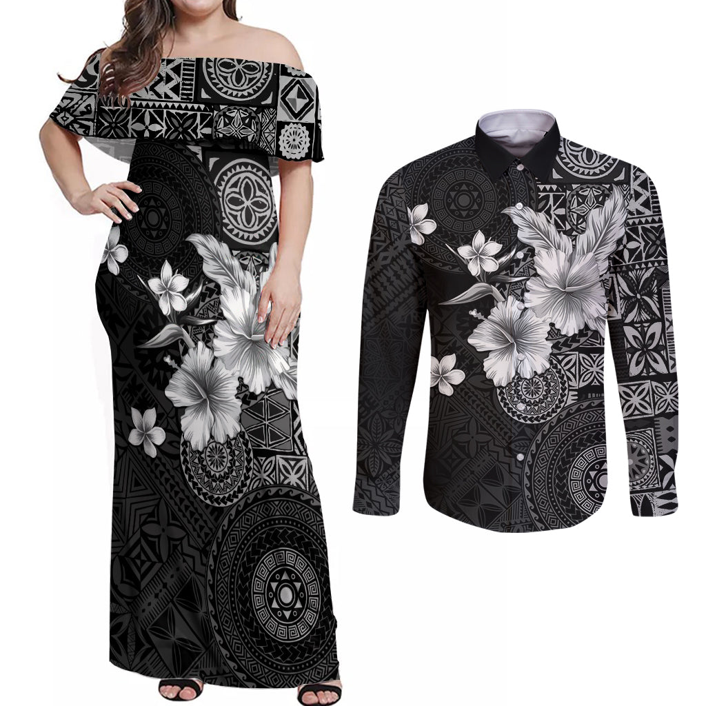 Hawaii Tapa Pattern With Black Hibiscus Couples Matching Off Shoulder Maxi Dress and Long Sleeve Button Shirt