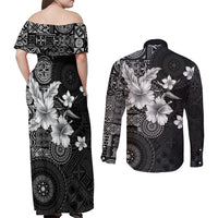 Hawaii Tapa Pattern With Black Hibiscus Couples Matching Off Shoulder Maxi Dress and Long Sleeve Button Shirt