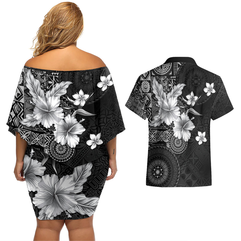 Hawaii Tapa Pattern With Black Hibiscus Couples Matching Off Shoulder Short Dress and Hawaiian Shirt
