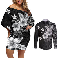 Hawaii Tapa Pattern With Black Hibiscus Couples Matching Off Shoulder Short Dress and Long Sleeve Button Shirt