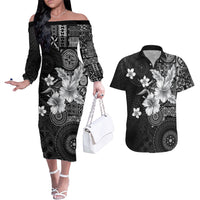 Hawaii Tapa Pattern With Black Hibiscus Couples Matching Off The Shoulder Long Sleeve Dress and Hawaiian Shirt