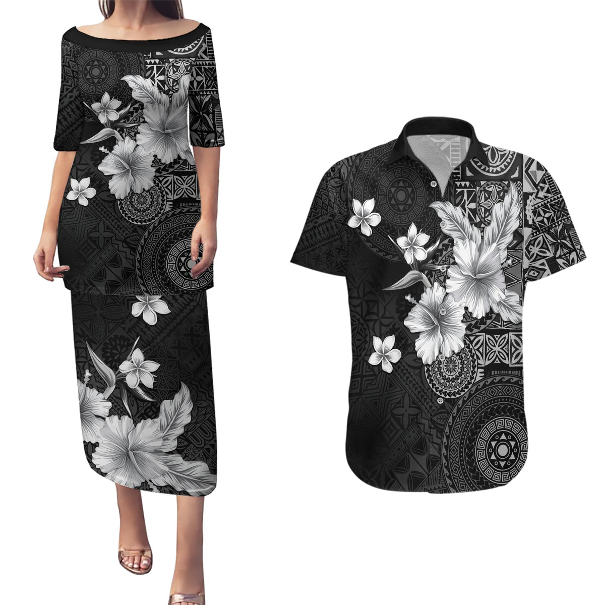 Hawaii Tapa Pattern With Black Hibiscus Couples Matching Puletasi and Hawaiian Shirt