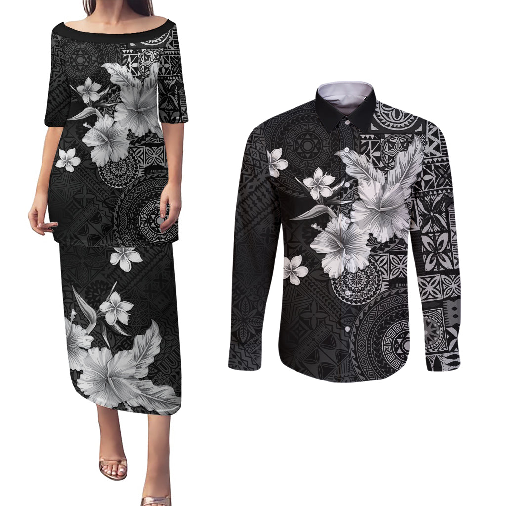 Hawaii Tapa Pattern With Black Hibiscus Couples Matching Puletasi and Long Sleeve Button Shirt