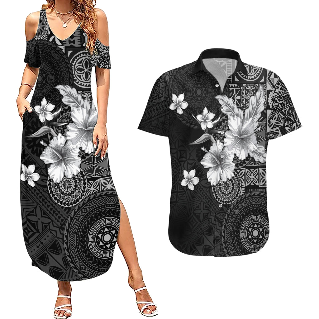 Hawaii Tapa Pattern With Black Hibiscus Couples Matching Summer Maxi Dress and Hawaiian Shirt