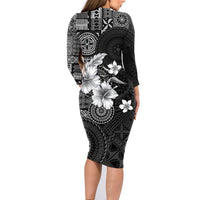 Hawaii Tapa Pattern With Black Hibiscus Family Matching Long Sleeve Bodycon Dress and Hawaiian Shirt