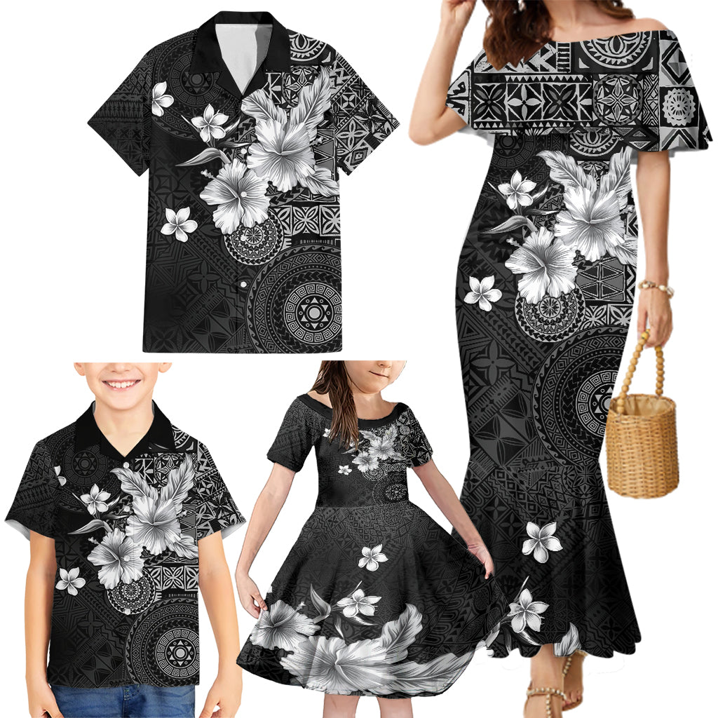 Hawaii Tapa Pattern With Black Hibiscus Family Matching Mermaid Dress and Hawaiian Shirt