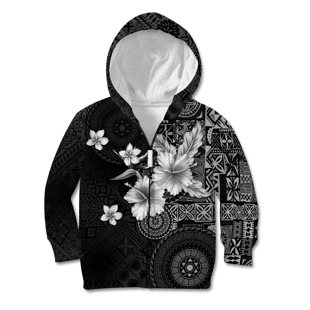 Hawaii Tapa Pattern With Black Hibiscus Kid Hoodie LT05 Zip Hoodie Black - Polynesian Pride