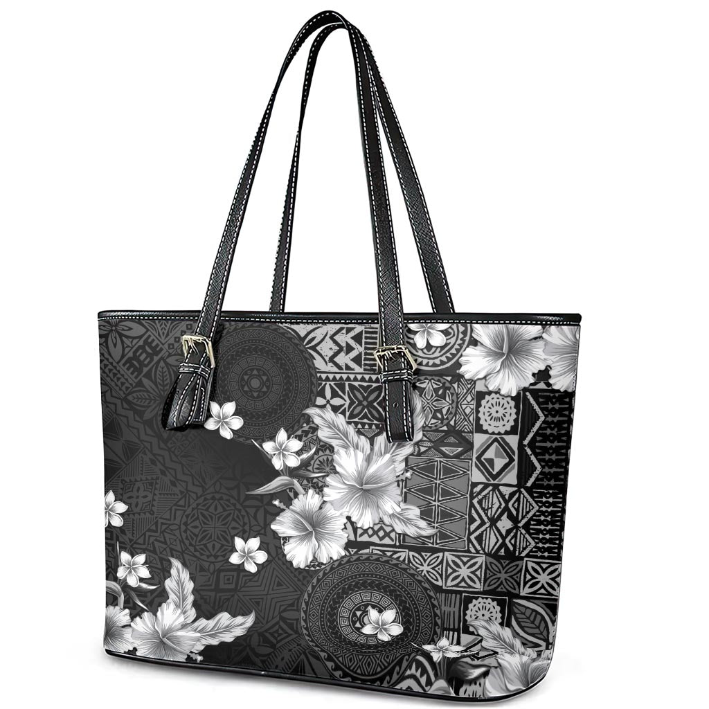 Hawaii Tapa Pattern With Black Hibiscus Leather Tote Bag
