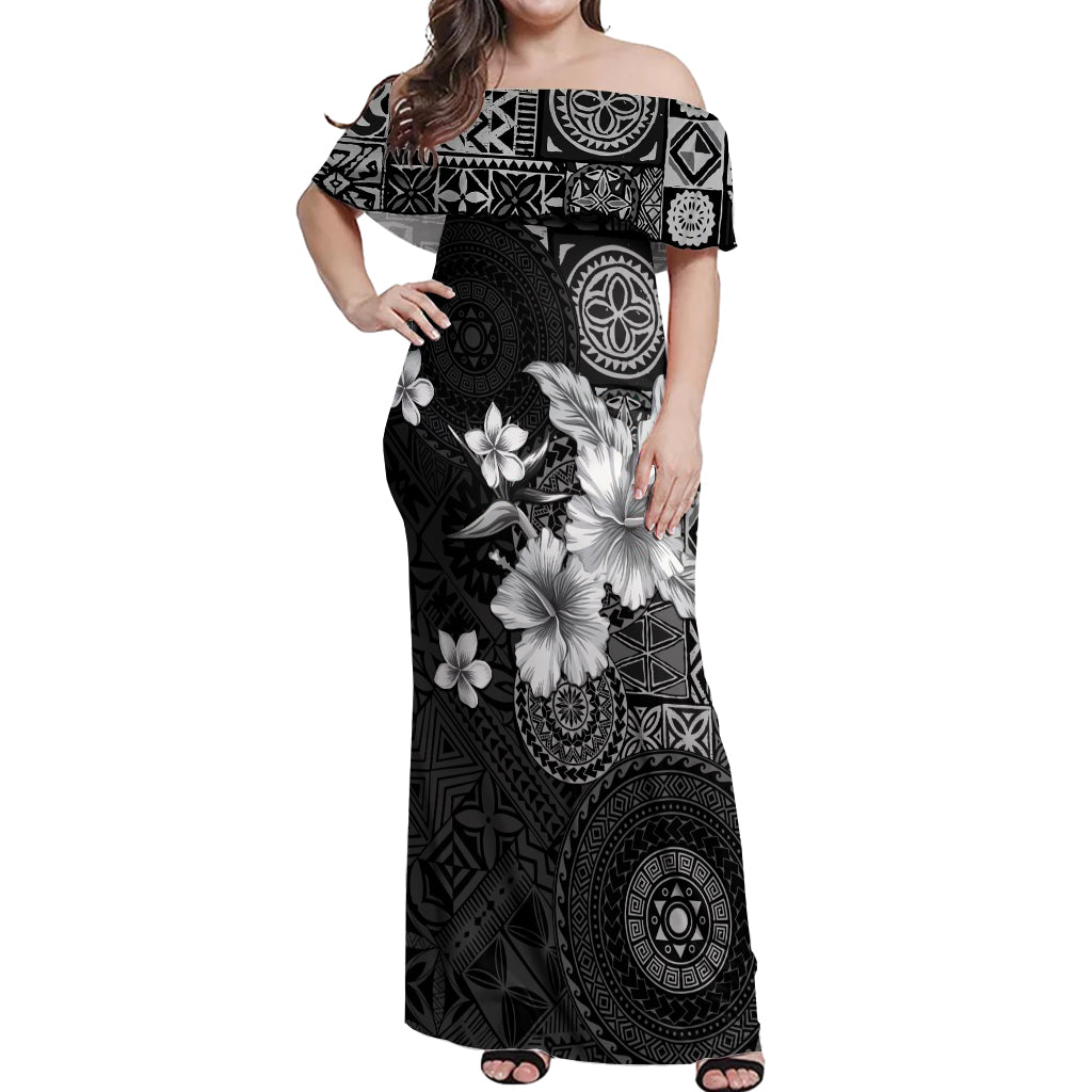 Hawaii Tapa Pattern With Black Hibiscus Off Shoulder Maxi Dress