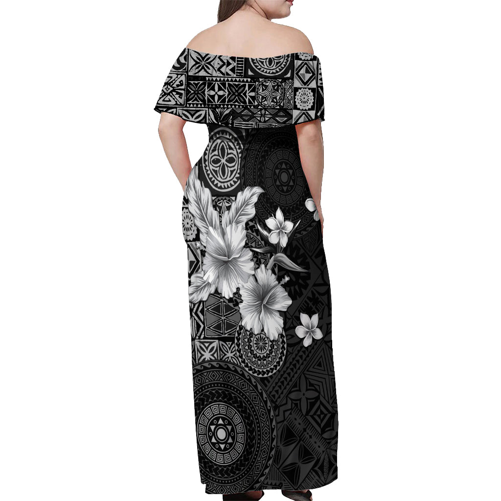Hawaii Tapa Pattern With Black Hibiscus Off Shoulder Maxi Dress