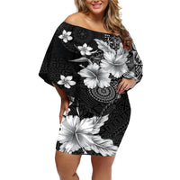 Hawaii Tapa Pattern With Black Hibiscus Off Shoulder Short Dress