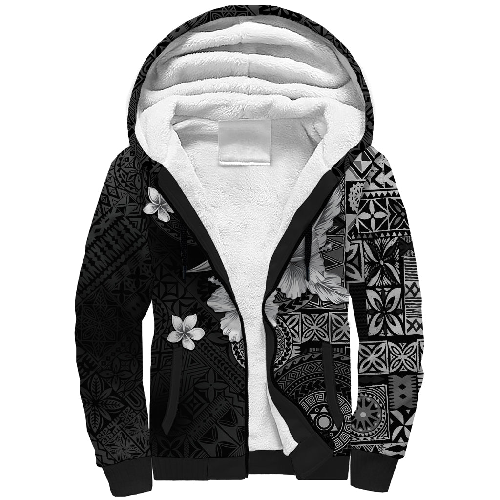 Hawaii Tapa Pattern With Black Hibiscus Sherpa Hoodie