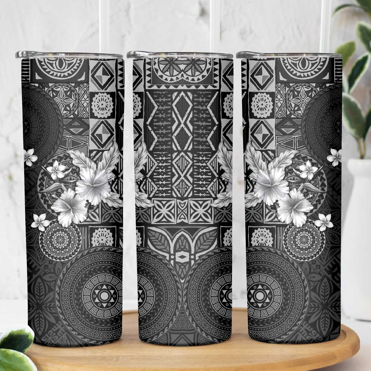 Hawaii Tapa Pattern With Black Hibiscus Skinny Tumbler