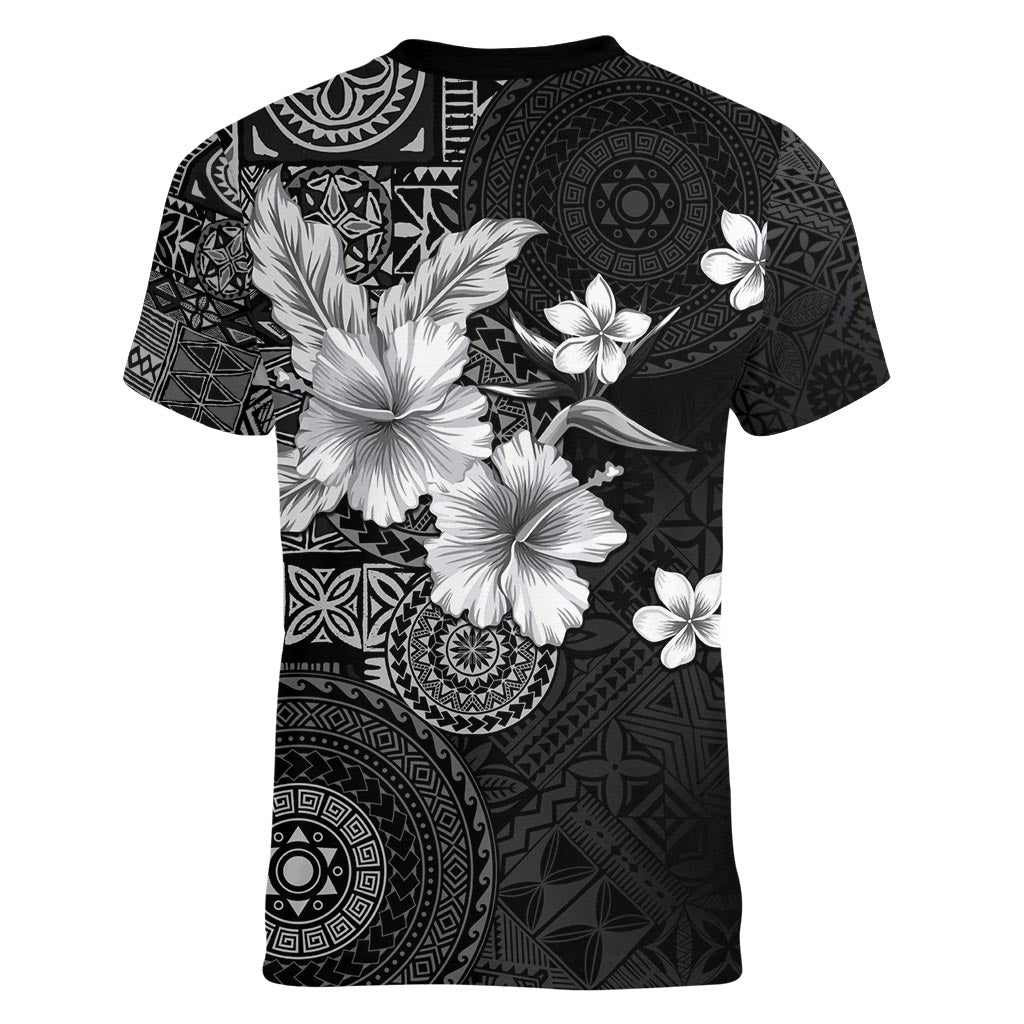 Hawaii Tapa Pattern With Black Hibiscus Women V-Neck T-Shirt LT05 - Polynesian Pride