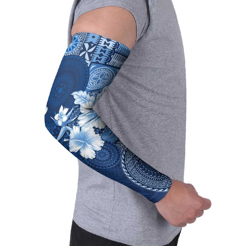 Hawaii Tapa Pattern With Navy Hibiscus Arm Sleeves - Polynesian Pride