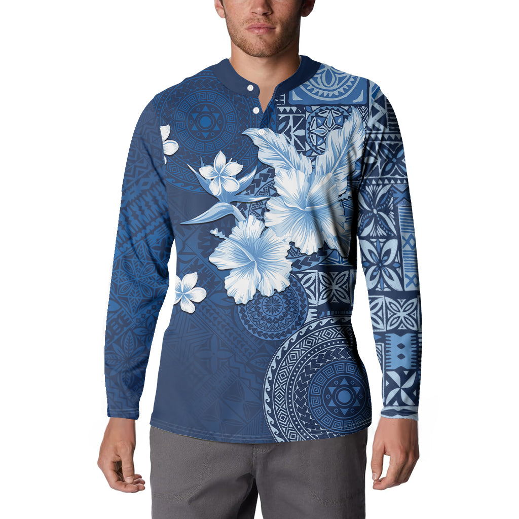 Hawaii Tapa Pattern With Navy Hibiscus Button Sweatshirt