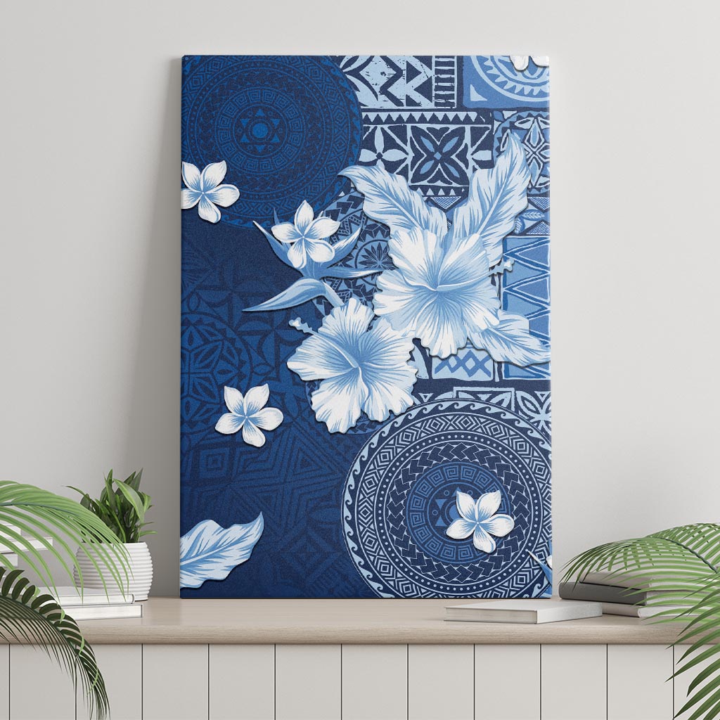 Hawaii Tapa Pattern With Navy Hibiscus Canvas Wall Art