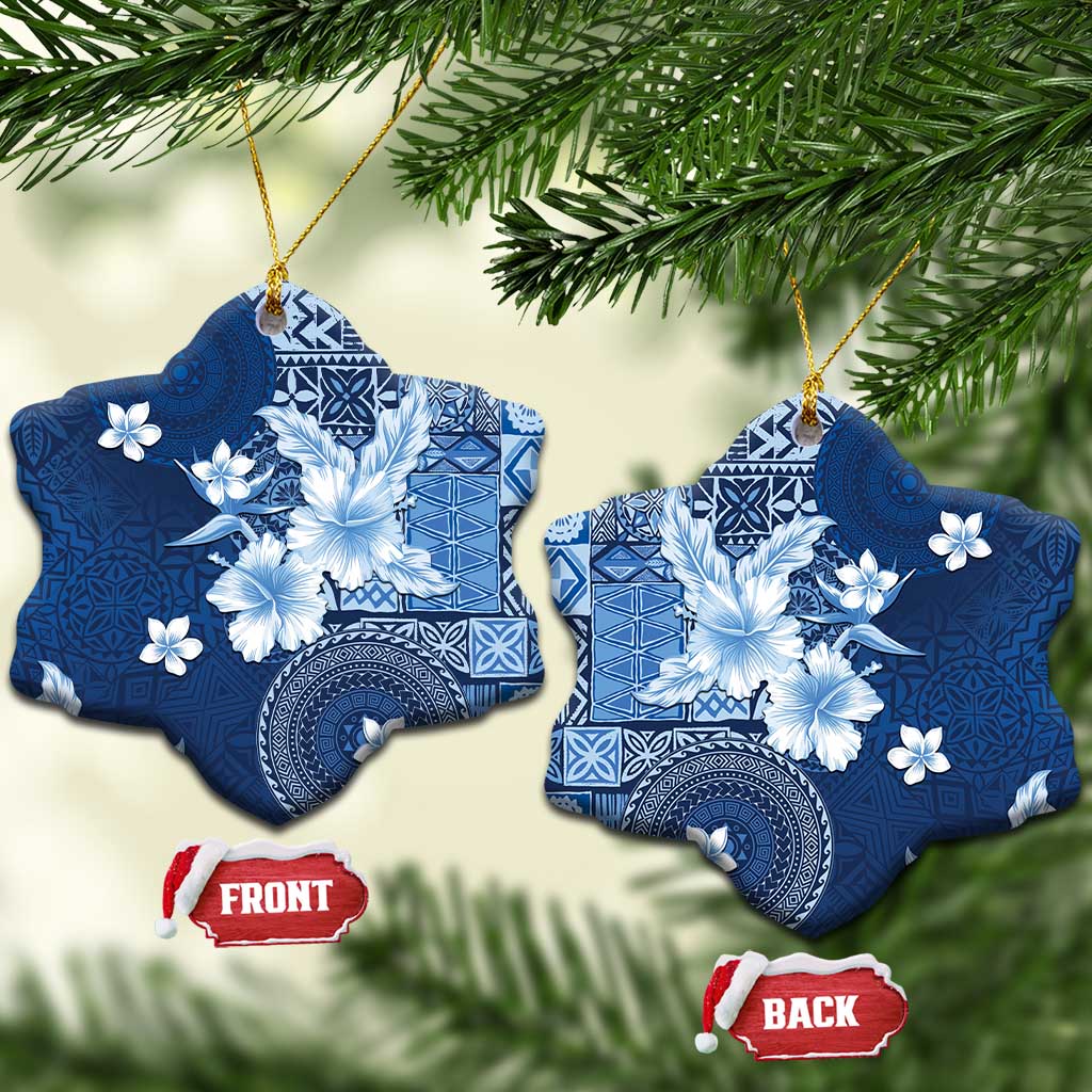 Hawaii Tapa Pattern With Navy Hibiscus Ceramic Ornament