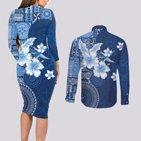 Hawaii Tapa Pattern With Navy Hibiscus Couples Matching Long Sleeve Bodycon Dress and Long Sleeve Button Shirt