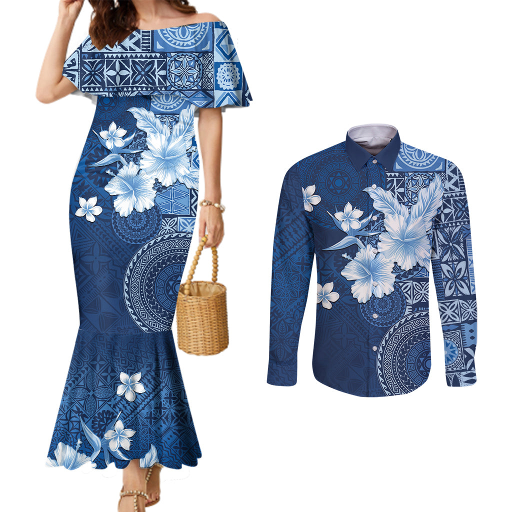 Hawaii Tapa Pattern With Navy Hibiscus Couples Matching Mermaid Dress and Long Sleeve Button Shirt
