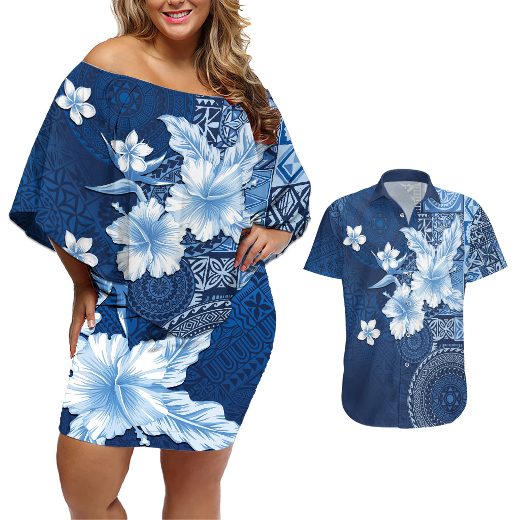 Hawaii Tapa Pattern With Navy Hibiscus Couples Matching Off Shoulder Short Dress and Hawaiian Shirt