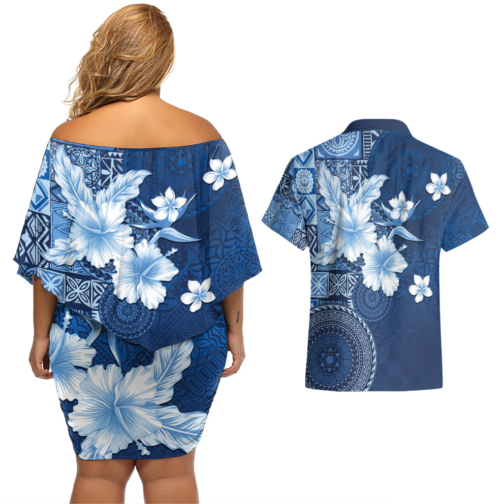 Hawaii Tapa Pattern With Navy Hibiscus Couples Matching Off Shoulder Short Dress and Hawaiian Shirt