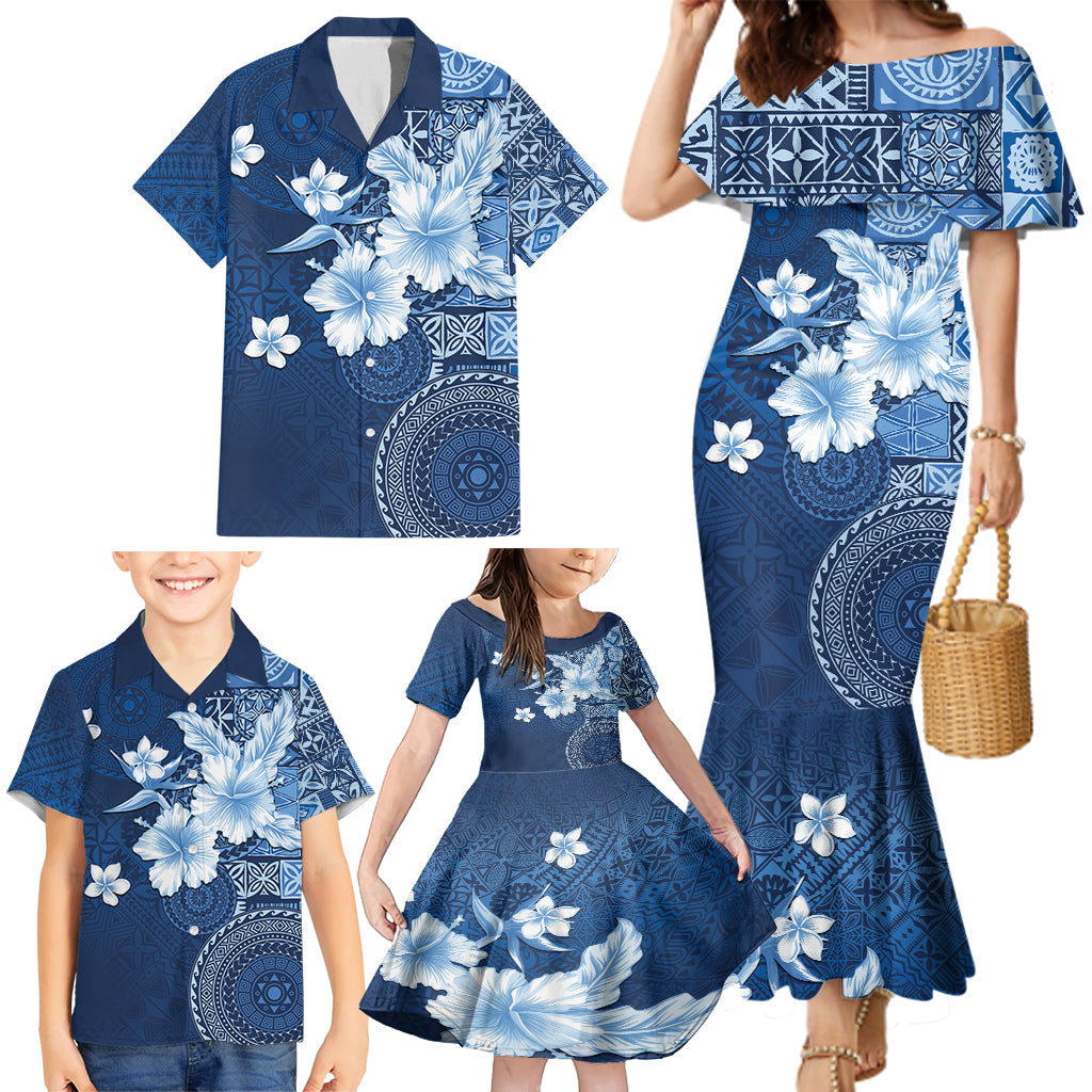 Hawaii Tapa Pattern With Navy Hibiscus Family Matching Mermaid Dress and Hawaiian Shirt