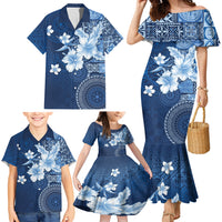 Hawaii Tapa Pattern With Navy Hibiscus Family Matching Mermaid Dress and Hawaiian Shirt