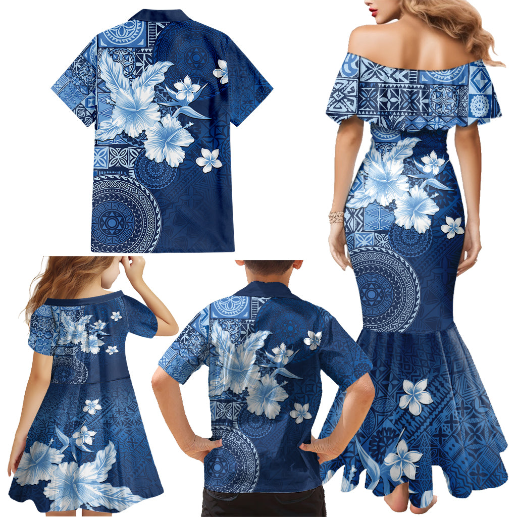 Hawaii Tapa Pattern With Navy Hibiscus Family Matching Mermaid Dress and Hawaiian Shirt
