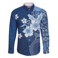 Hawaii Tapa Pattern With Navy Hibiscus Family Matching Off The Shoulder Long Sleeve Dress and Hawaiian Shirt