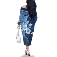 Hawaii Tapa Pattern With Navy Hibiscus Family Matching Off The Shoulder Long Sleeve Dress and Hawaiian Shirt