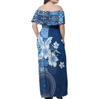 Hawaii Tapa Pattern With Navy Hibiscus Family Matching Off Shoulder Maxi Dress and Hawaiian Shirt