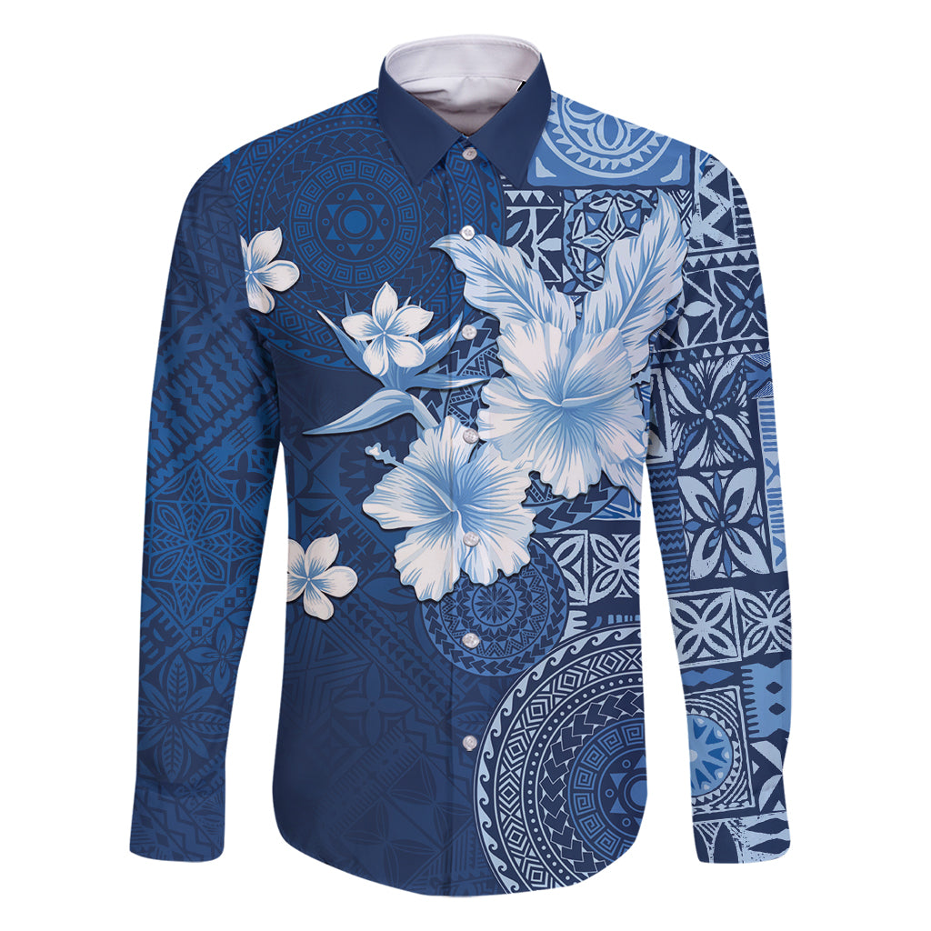 Hawaii Tapa Pattern With Navy Hibiscus Family Matching Off Shoulder Short Dress and Hawaiian Shirt