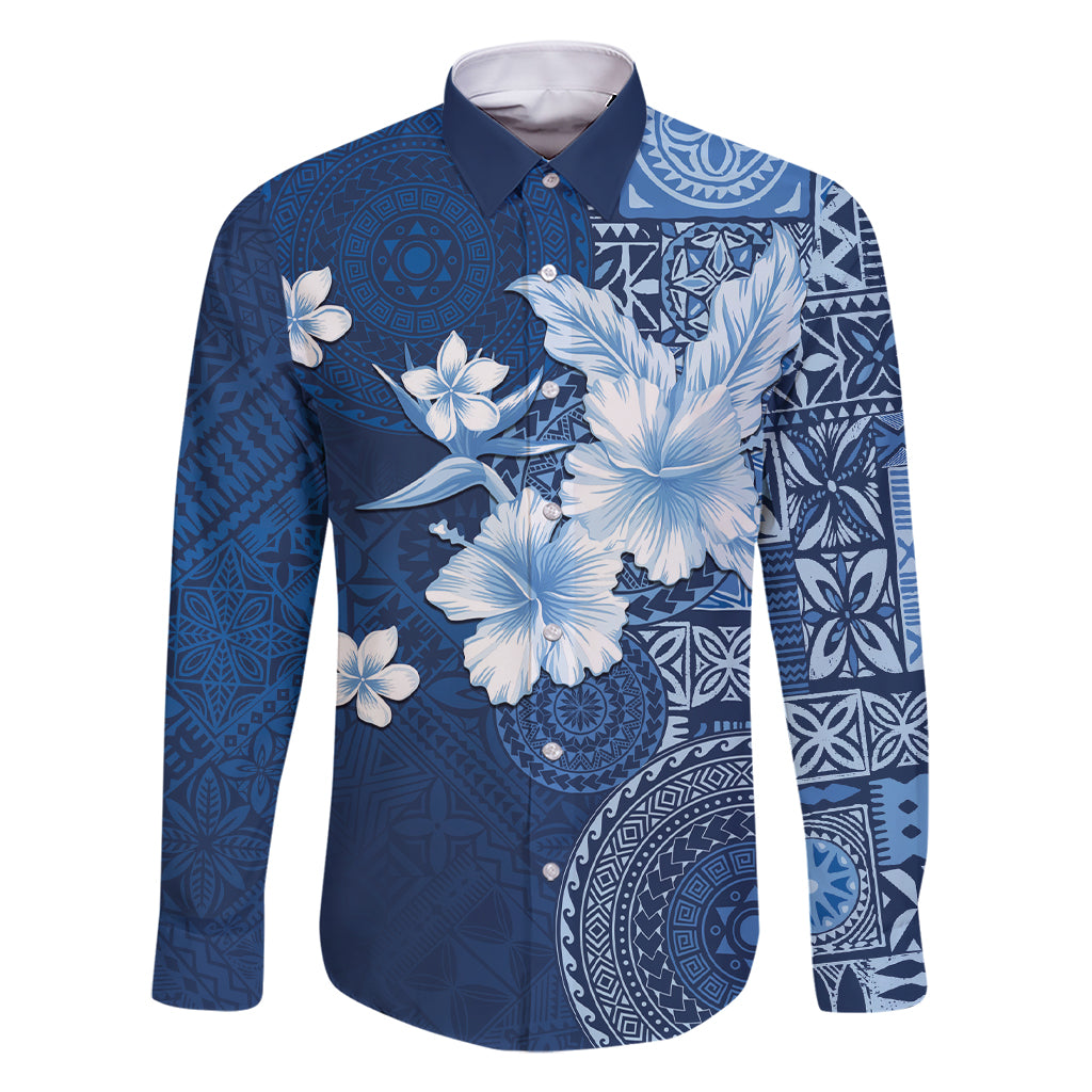 Hawaii Tapa Pattern With Navy Hibiscus Family Matching Short Sleeve Bodycon Dress and Hawaiian Shirt