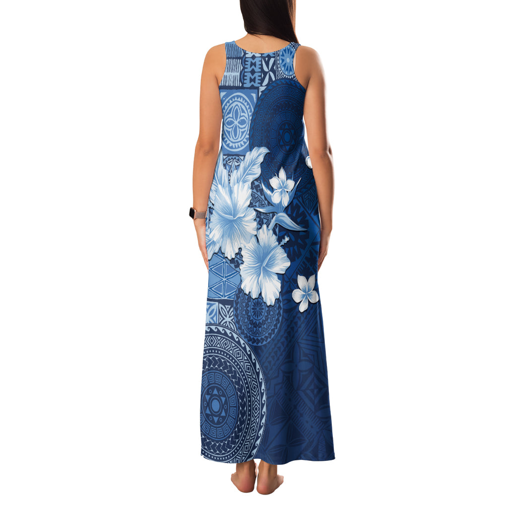 Hawaii Tapa Pattern With Navy Hibiscus Family Matching Tank Maxi Dress and Hawaiian Shirt