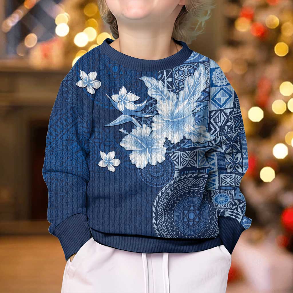 Hawaii Tapa Pattern With Navy Hibiscus Kid Ugly Christmas Sweater
