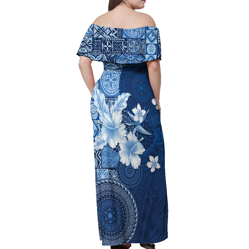 Hawaii Tapa Pattern With Navy Hibiscus Off Shoulder Maxi Dress