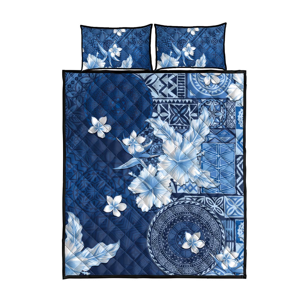 Hawaii Tapa Pattern With Navy Hibiscus Quilt Bed Set
