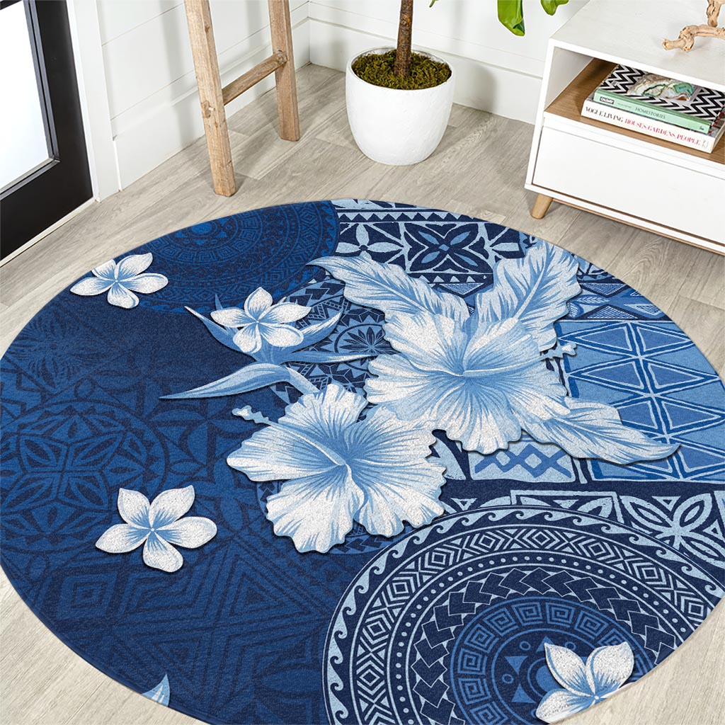 Hawaii Tapa Pattern With Navy Hibiscus Round Carpet LT05 Navy - Polynesian Pride