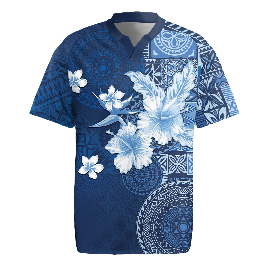 Hawaii Tapa Pattern With Navy Hibiscus Rugby Jersey