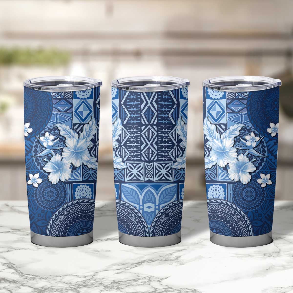 Hawaii Tapa Pattern With Navy Hibiscus Tumbler Cup