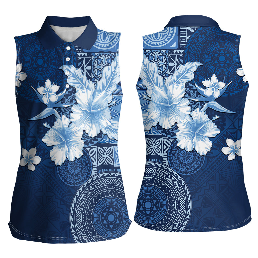Hawaii Tapa Pattern With Navy Hibiscus Women Sleeveless Polo Shirt LT05 - Polynesian Pride