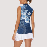 Hawaii Tapa Pattern With Navy Hibiscus Women Sleeveless Polo Shirt LT05 - Polynesian Pride