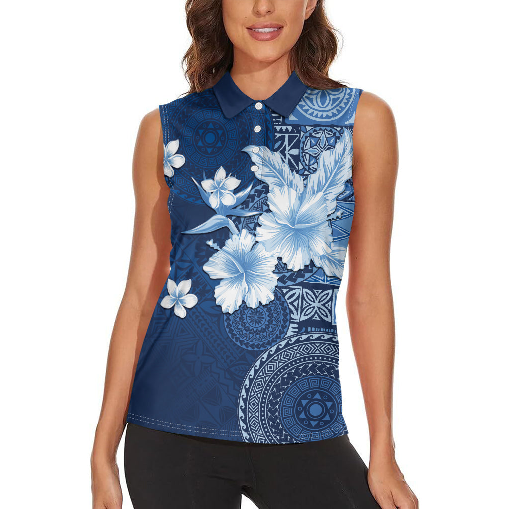 Hawaii Tapa Pattern With Navy Hibiscus Women Sleeveless Polo Shirt LT05 - Polynesian Pride