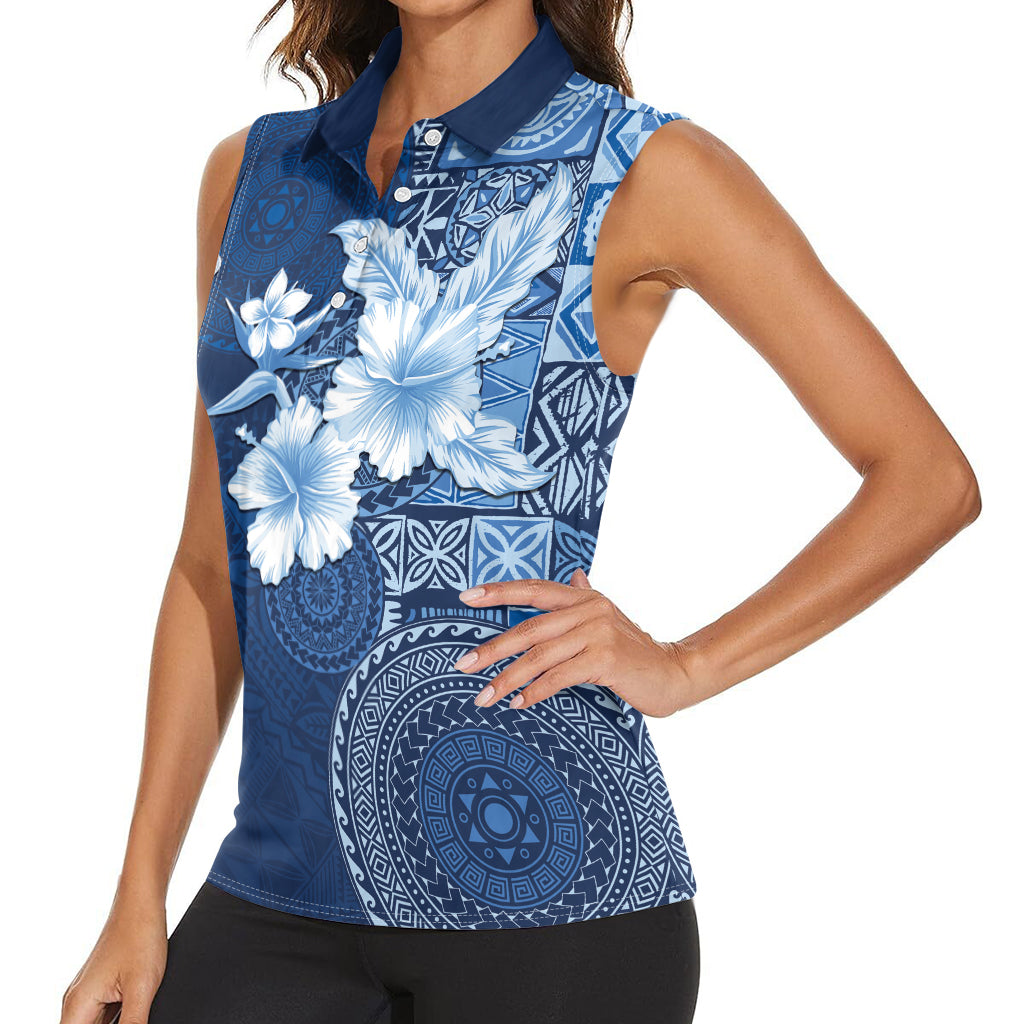 Hawaii Tapa Pattern With Navy Hibiscus Women Sleeveless Polo Shirt LT05 - Polynesian Pride
