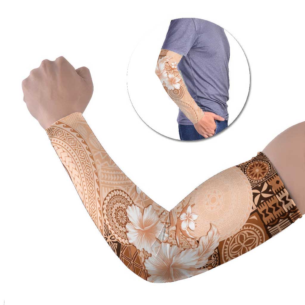 Hawaii Tapa Pattern With Brown Hibiscus Arm Sleeves - Polynesian Pride