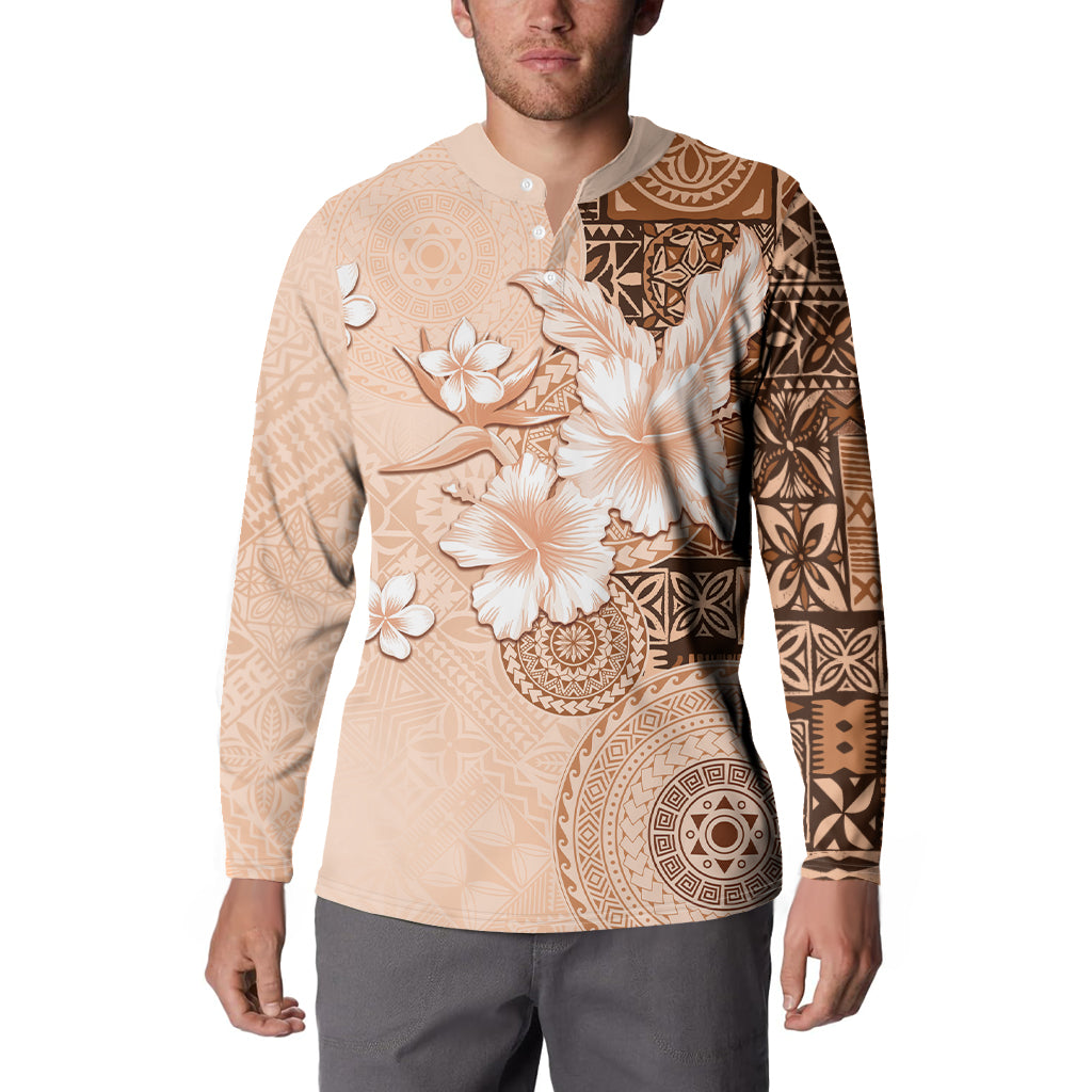 Hawaii Tapa Pattern With Brown Hibiscus Button Sweatshirt